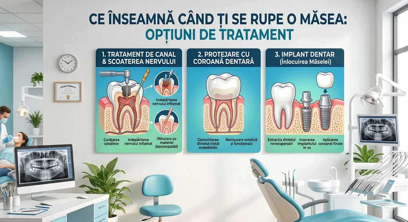 Optiuni tratament masea sau dinte rupt - tratament de canal, scoaterea nervului sau implant dentar